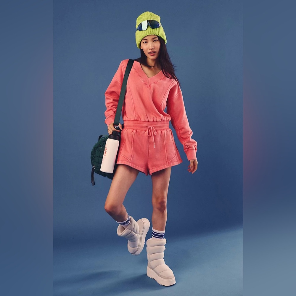 Coral Pink V-Neck Sweatshirt & Shorts Set